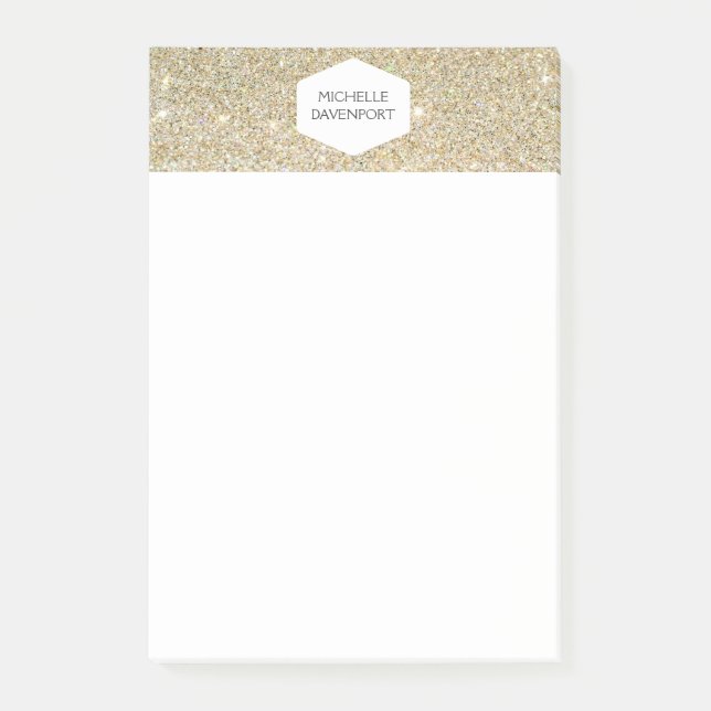 NOTAS POST-IT® EMBLEMA BLANCO ELEGANTE EN PURPURINA DE ORO (Anverso)