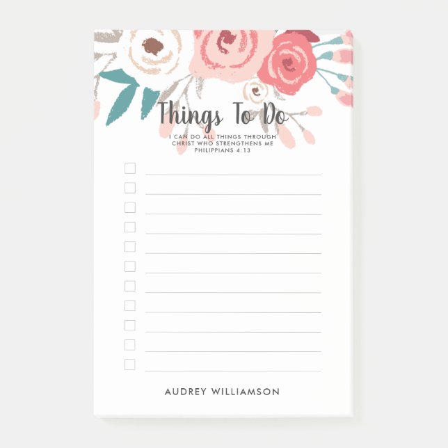 Notas Post-it® Escritura Floral Coral Personalizada Para Hacer Li (Anverso)