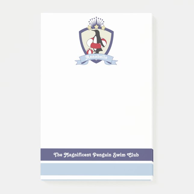 Notas Post-it® Escudo Cute Penguin Kids de Natación Personalizada (Anverso)