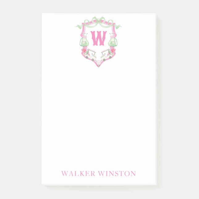 Notas Post-it® Escudo Monograma del Coche de Golf Rosa y Verde de (Anverso)