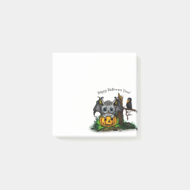 Notas Post-it® Esperando Halloween , Cute Bat y Raven (Anverso)
