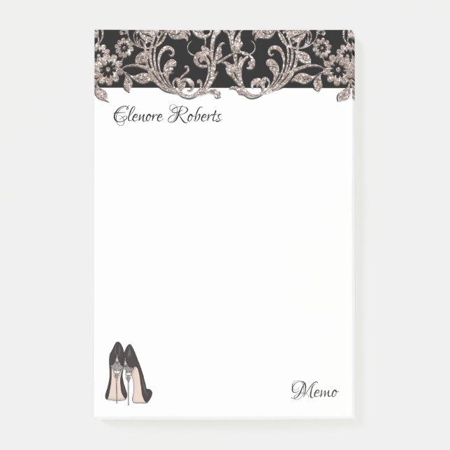 Notas Post-it® Esterletto negro y remolinos florales (Anverso)