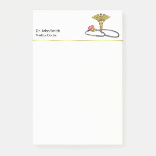 Notas Post-it® Estetoscopio Médico de Oro & Caduceo con Corazón