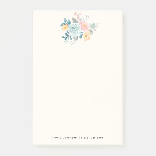 Notas Post-it® Estiloso Bouquet De Flores Azules Y Rosa (Anverso)