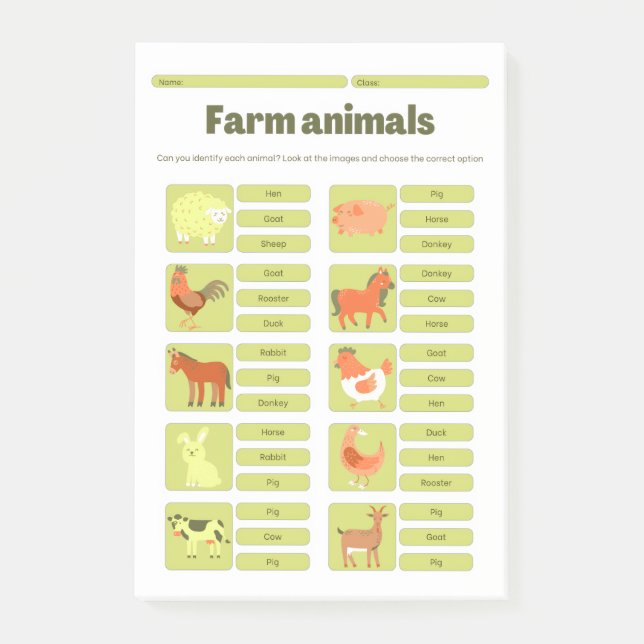 Notas Post-it® Farm Animals Identification Educational Worksheet (Anverso)