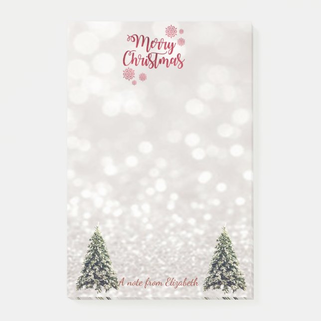 Notas Post-it® Feliz Navidad, Bokeh Brillante, Pinos (Anverso)