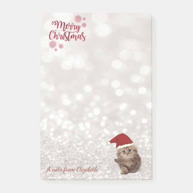 Notas Post-it® Feliz Navidad, Bokeh Purpurinoso, Gato con Sombrer (Anverso)