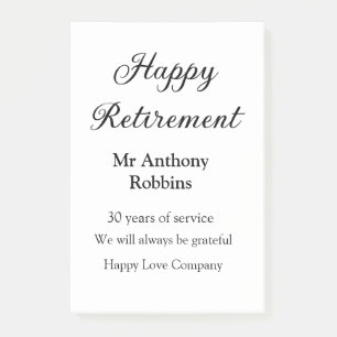 Notas Post-it® Feliz retiro añadir nombre años de servicio jubila