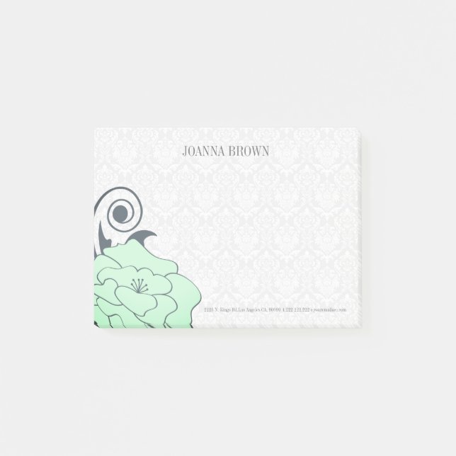 Notas Post-it® Flor verde de Damasco blanco (Anverso)
