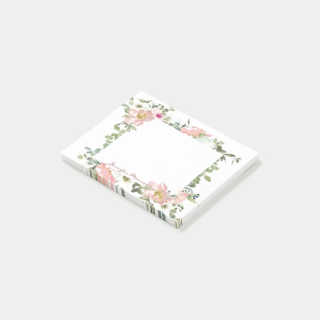 Notas Post-it® Flora personalizada con acuarela rosa (En perspectiva)