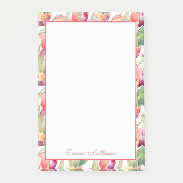 Notas Post-it® Floral acuática de tulipanes pintados con tu nombr (Anverso)
