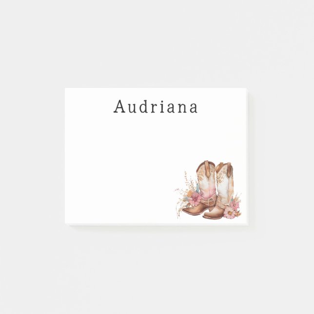 Notas Post-it® Floral Cowgirl Boots Nombre personalizado (Anverso)