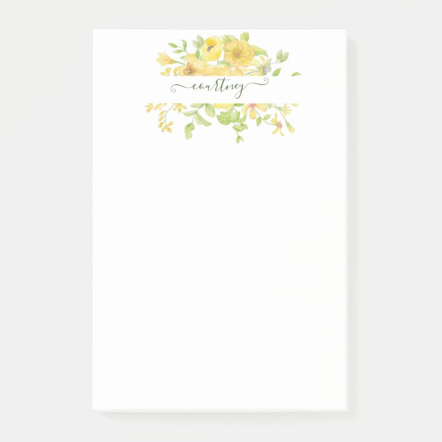 Notas Post-it® Floral personalizado de acuarela amarilla   (Anverso)