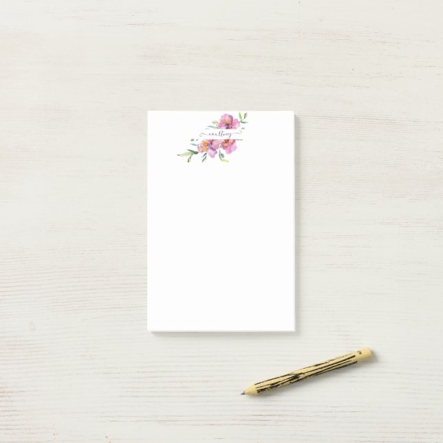 Notas Post-it® floral personalizado de acuarela rosa (Escritorio)