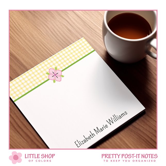 Notas Post-it® Floral rosa de Gingham amarillo personalizada (Subido por el creador)