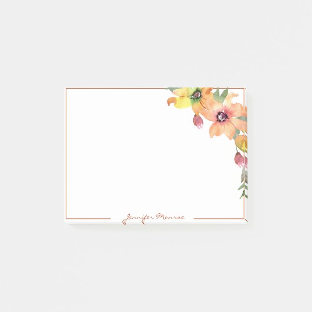 Notas Post-it® Flores acuarela naranja y amarillo personalizadas (Anverso)