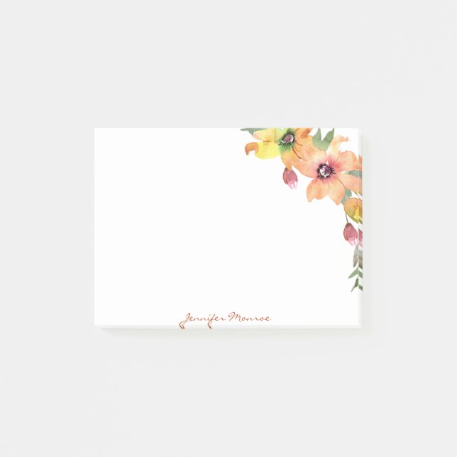 Notas Post-it® Flores acuarela naranja y amarillo personalizadas (Anverso)