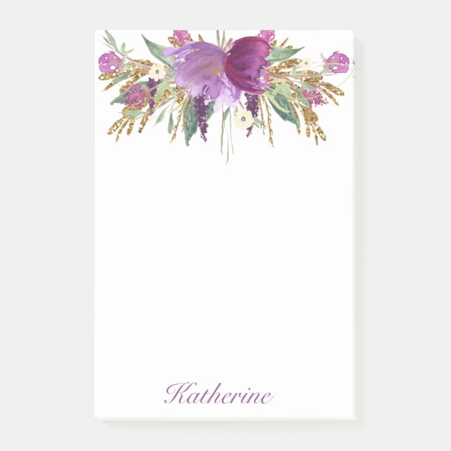 Notas Post-it® Flores acuáticas moradas y doradas (Anverso)