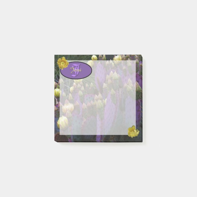 Notas Post-it® Flores amarillas de cactus púrpura monograma perso (Anverso)