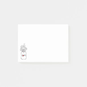 Notas Post-it® Flores de amor de corazón rojo rustico Mason Jar
