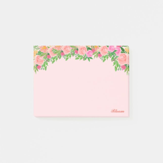 Notas Post-it® Flores rosadas y caligrafía sobre rosa claro (Anverso)