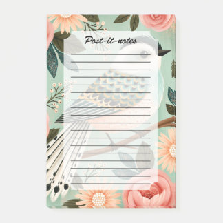 Notas Post-it® Flores Rosas Caprichosas Pájaro Folk Vintage
