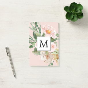 Notas Post-it® Flores rosas color de agua modernas monogramadas