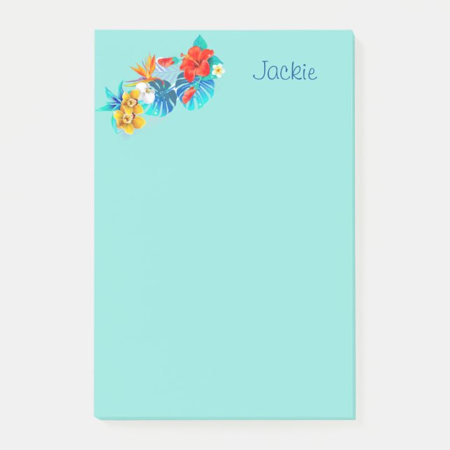 Notas Post-it® Flores tropicales turquesas personalizadas 4x6 (Anverso)
