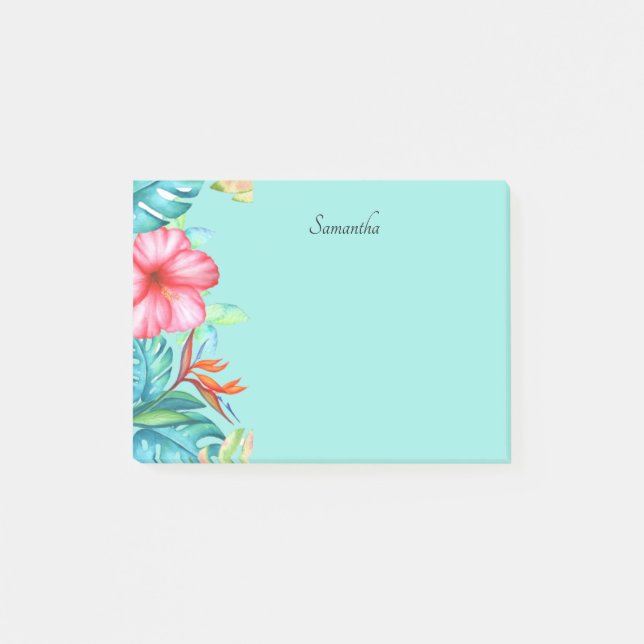 Notas Post-it® Flores tropicales Verde azuladas personalizadas 4x (Anverso)