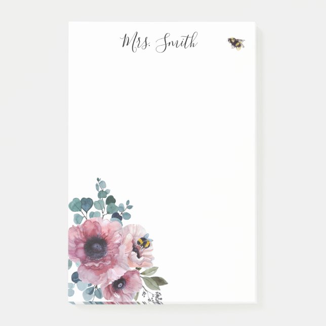 Notas Post-it® Flores y abejas rosas (Anverso)