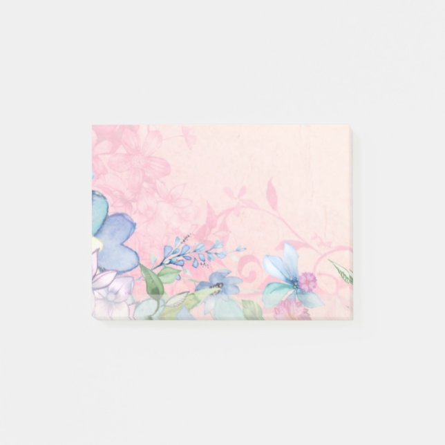 Notas Post-it® Fondo floral rosa y azul bonito (Anverso)