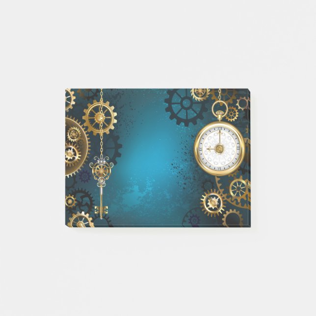 Notas Post-it® Fondo turquesa Steampunk con engranajes (Anverso)