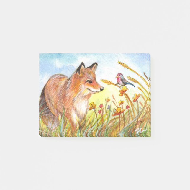 Notas Post-it® Fox Y Bird En El Campo (Anverso)