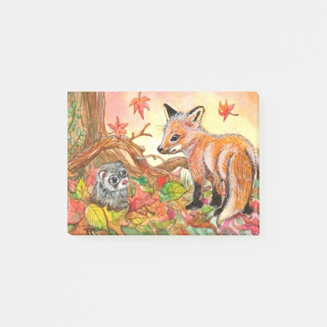 Notas Post-it® Fox y hurón en hojas de otoño (Anverso)