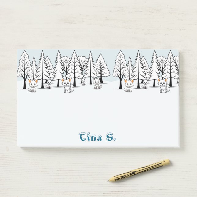 Notas Post-it® Foxes Árticos - Paisaje invernal - Texto nevado (En escritorio)