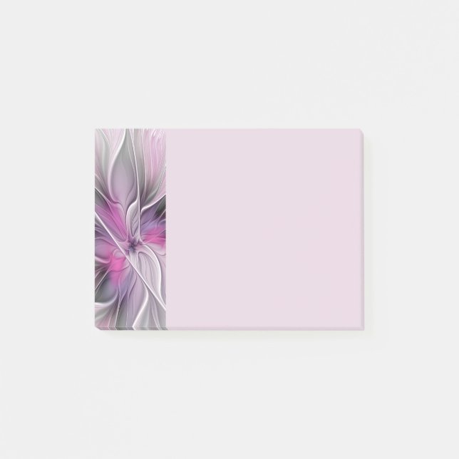 Notas Post-it® Fractal floral moderno abstracto flor rosa gris (Anverso)