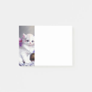 Notas Post-it® Gatito blanco vintage con flores rosadas y moradas