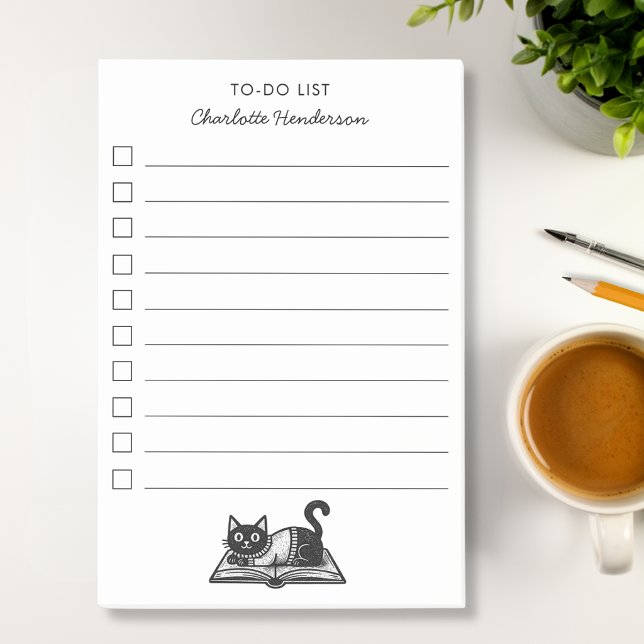 Notas Post-it® Gato Amante de Libros Negro y Blanco Script Person (Subido por el creador)