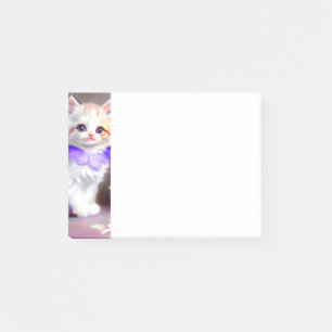 Notas Post-it® Gato blanco con pintura de cuello de flores morada
