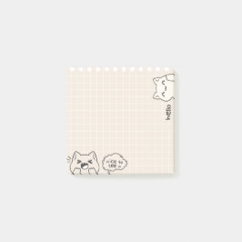 Notas Post-it® Gato con fondo de cuadrícula dice hola, encantado 