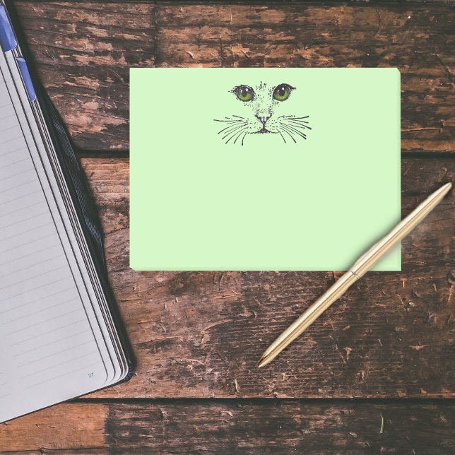 Notas Post-it® Gato Face Green Eyes Whiskers (Black drawing of face of cat with whiskers and intense green eyes on light green post it notes.)