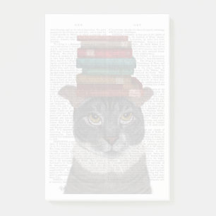 Notas Post-it® Gato gris con libros en la cabeza