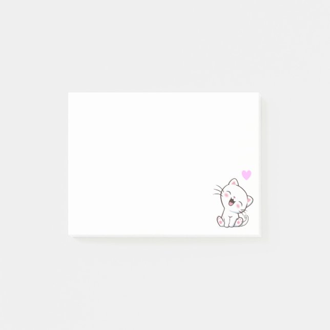Notas Post-it® Gato lindo y corazón en blanco (Anverso)