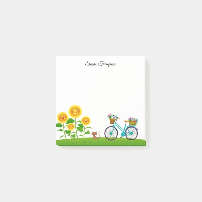 Notas Post-it® Gato Y Bicicleta Cuidados Con Cesta De Flores (Anverso)