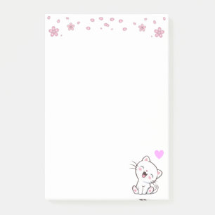 Notas Post-it® Gato y flores cortas en blanco