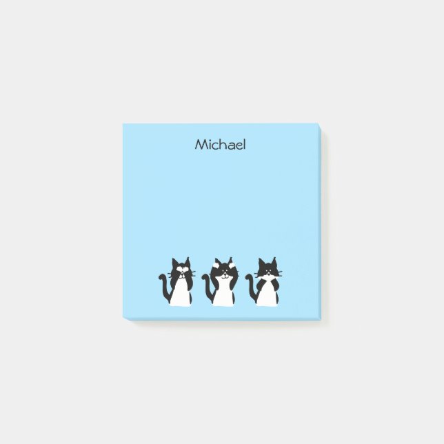 Notas Post-it® Gatos blancos negros tres sabios Kitties azul (Anverso)