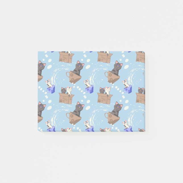 Notas Post-it® Gatos en caja y gotas de leche en azul (Anverso)