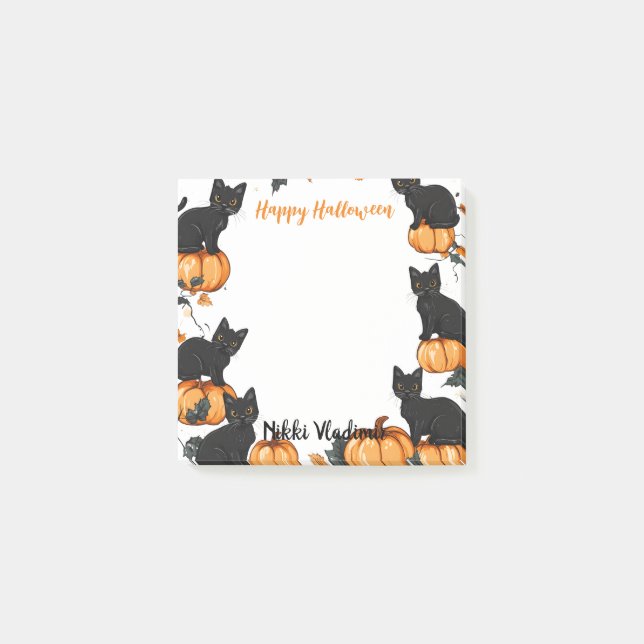 Notas Post-it® Gatos negros y calabaza Feliz Halloween (Anverso)