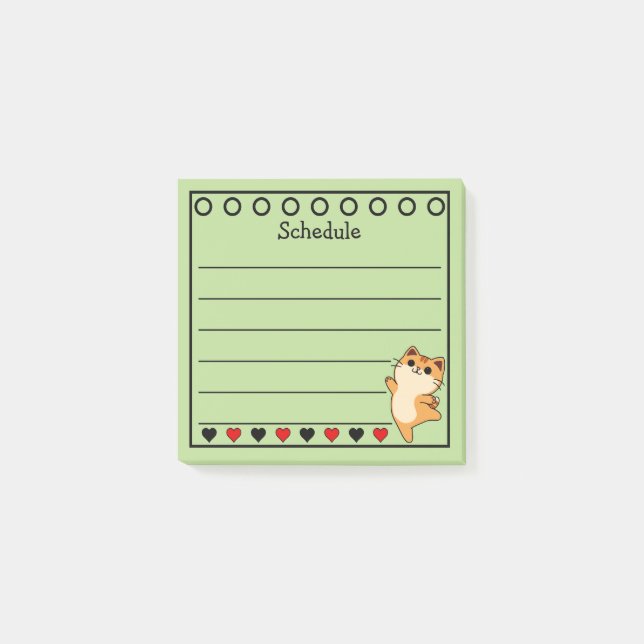 Notas Post-it® Ginger Naranja Cat Schedule Green (Anverso)