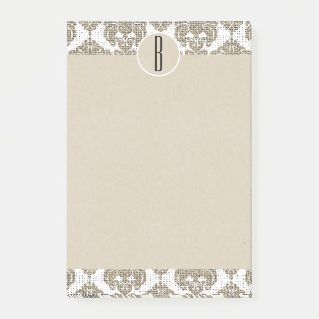 Notas Post-it® Glam Rustic Burlap Damask Kraft Monograma inicial (Anverso)